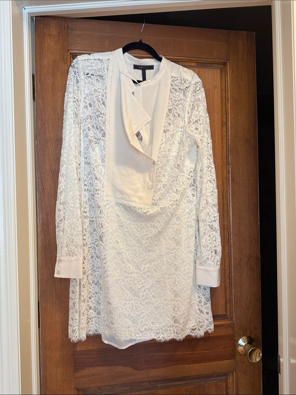 BCBGMaxAzria Ivory Lace Long-Sleeve Shift Dress with Tie Detail